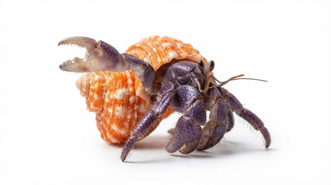Purple hermit crab in orange seashell, exotic land hermit crab on white background, tropical crustacean with textured shell