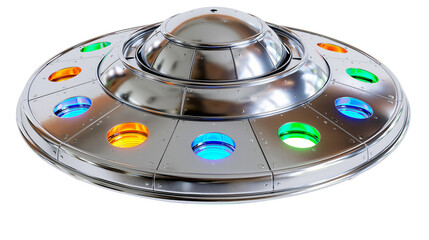 Silver metallic flying saucer with colorful lights © Motruc