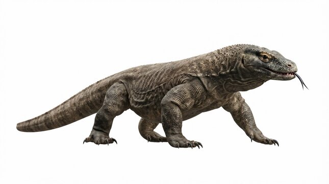 Komodo dragon lizard isolated on white background, giant monitor lizard with flicking tongue, predatory reptile wildlife photography