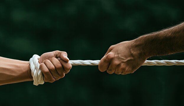 Two hands grip a thick rope in a taut tug-of-war against a blurred green background