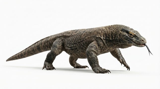 Komodo dragon lizard walking on white background. Large monitor lizard with forked tongue. Indonesian reptile wildlife photography.
