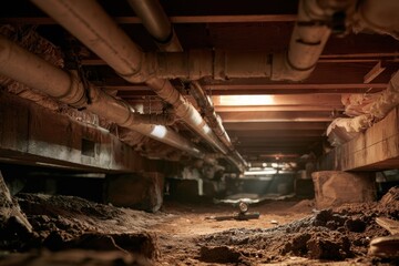Fototapeta premium Dim crawlspace scene showing exposed white PVC plumbing, elbows, joints, and shutoff valves for bathroom sink and shower
