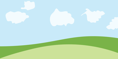 Fototapeta premium Cartoon green hills landscape vector illustration with blue sky and white fluffy clouds, flat design nature background for kids art