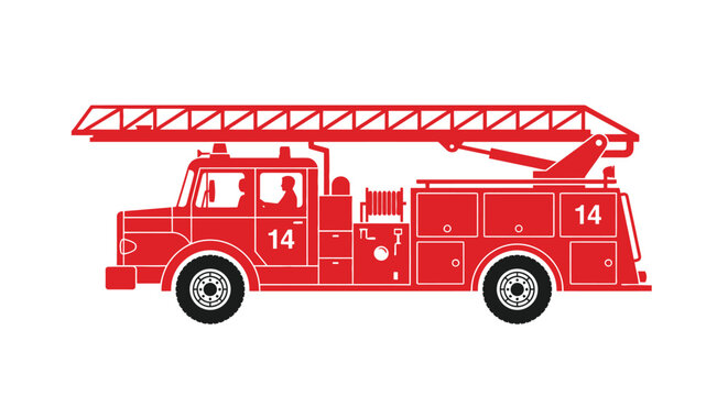Red Fire Truck Silhouette On White Background Side View Illustration