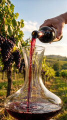 Naklejka premium Pouring red wine into glass decanter at vineyard. Winemaker aerating wine during sunset at scenic grape plantation.