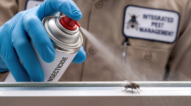 Pest control technician spraying insecticide on house fly. Professional exterminator wearing blue gloves treating window sill for insect infestation.