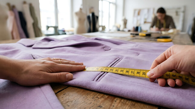 Tailoring and sewing workspace featuring fabric measurements in a modern atelier setting for garment creation