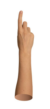 Tanned right hand raised vertically pointing index finger up. Natural skin arm clicking virtual