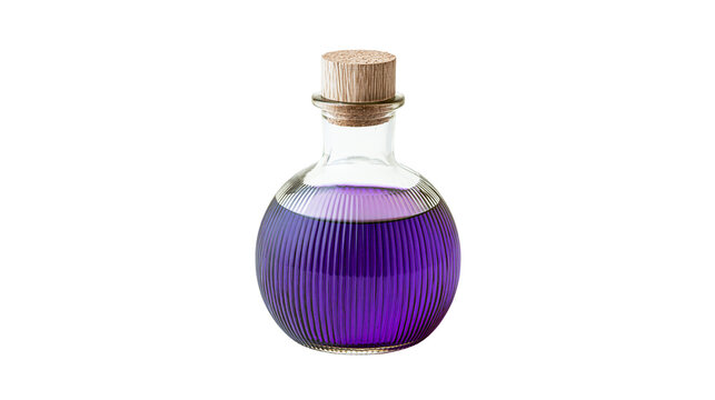 Round glass bottle with purple liquid and cork stopper