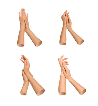 Top view set of tanned hands applying skincare cream and massaging skin. Collection of hand care and