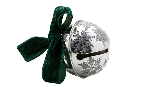 Silver jingle bell with snowflake pattern and green velvet ribbon bow