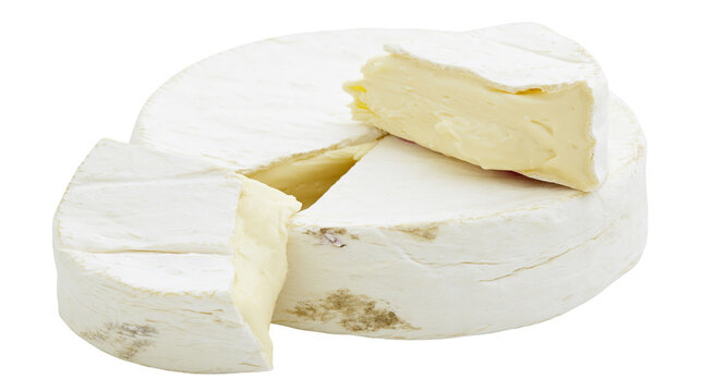 Whole and sliced soft white cheese with creamy yellow interior