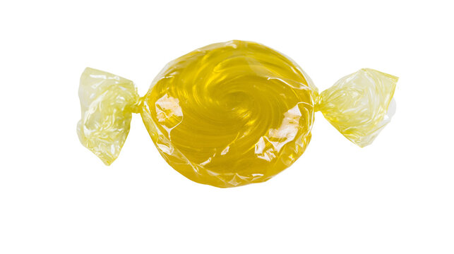 Yellow hard candy wrapped in clear plastic