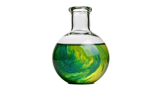 Round bottom flask with swirling green and yellow liquid