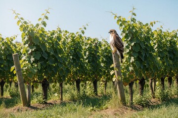 Naklejka premium Bird of prey perches on wooden post in vineyard rows. Green grape leaves and clear blue sky form background. Wild hawk surveys its surroundings with eyesight.