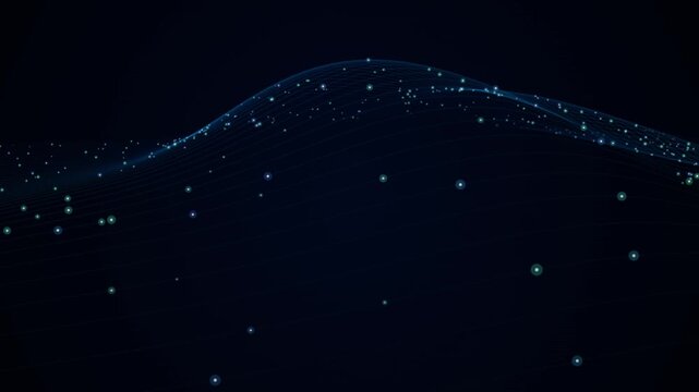 Abstract glowing digital data wave animation with blue particles and wireframe lines on dark cyber background.