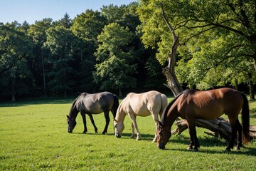 Naklejka premium Three horses graze peacefully on green meadow next to dense forest under clear blue sky. Fallen tree lies nearby on vibrant grass. Tranquil pastoral scene offers glimpse into rural life, nature.