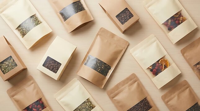 Top view of many small brown paper pouches for tea or coffee packaging arranged on a light green surface. juice box mockup