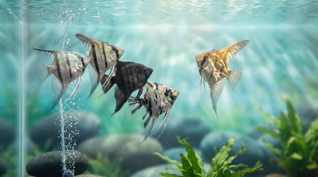 Angelfish swim together in a clear freshwater aquarium filled with aquatic plants, smooth stones, rising air bubbles, and bright light.