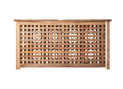Wooden radiator cover cabinet isolated on white background. Decorative wooden lattice screen for