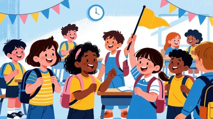 Fototapeta premium Diverse group of happy children in classroom with backpacks. Students smile, engage in fun school activity. Boy raises yellow flag during lesson. Joyful kids learn together in colorful bright study
