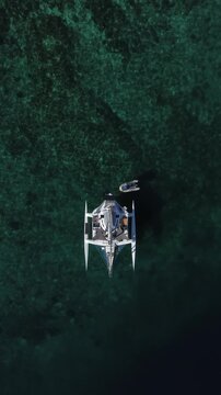 Aerial drone view of a white trimaran sailing yacht anchored on crystal clear turquoise water above a coral reef in the open sea.