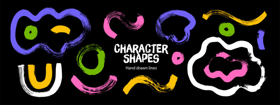 Grunge rainbow shapes. Brush arc collection. Simple ink strokes. Curved lines, geometric figures set. Vector isolated illustration.