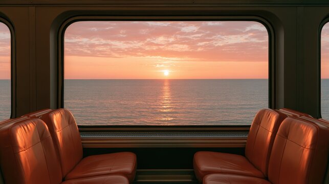 A beautiful sunset over the ocean viewed from a train window