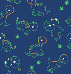 Cute cartoon dinosaurs playing on a navy blue background with green footprints © SA Graphic Desing