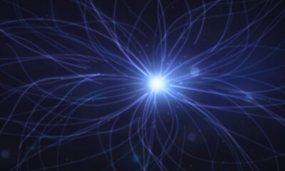 Fototapeta premium Abstract blue energy burst with glowing fiber optic lines. Radiant light core with flowing digital trails. Futuristic neural network background.