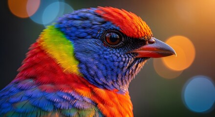 Obraz premium Close up portrait of a vibrant rainbow colored bird with bokeh background