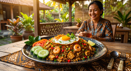 Obraz premium Indonesian Nasi Goreng with Chicken Shrimp and Traditional Batik Culture