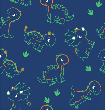 Cute cartoon dinosaurs playing on a navy blue background with green footprints