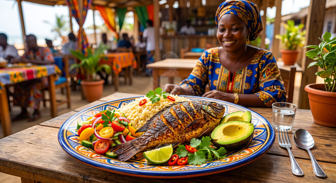 Ivorian Attieke with Grilled Fish and West African Cultural Setting