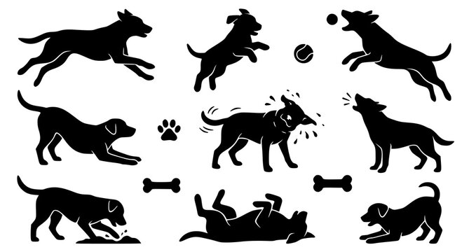 Dynamic Dog Action Silhouette Collection with Running Jumping Playing Paw and Bone Icons