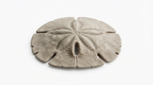 Natural sand dollar seashell, textured marine echinoderm on white background, organic coastal beach decor element