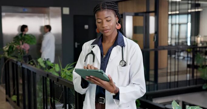 Medical, doctor and woman with tablet at clinic lobby, insurance information or case study. Tech, worker and person in hospital for telehealth report, typing schedule or review healthcare history