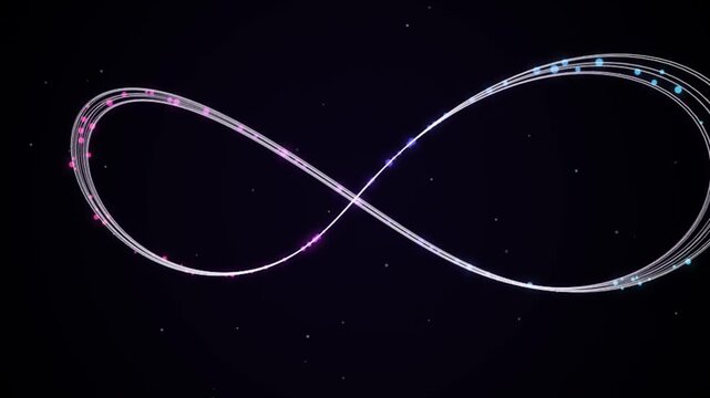 Glowing abstract infinity symbol made of light trails with pink and blue particles on dark starry background animation.