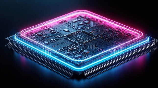 Close-up view of illuminated circuit board with neon light accents. Complex electronic components and pathways on a computer chip. Digital tech concept.