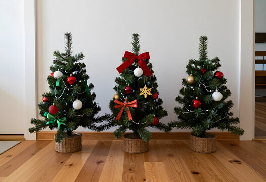 Christmas holiday decoration and festive season celebration, three small decorated artificial trees on a wooden floor indoors