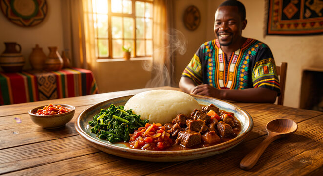 Zimbabwean Sadza with Beef Stew and Traditional African Dining Atmosphere