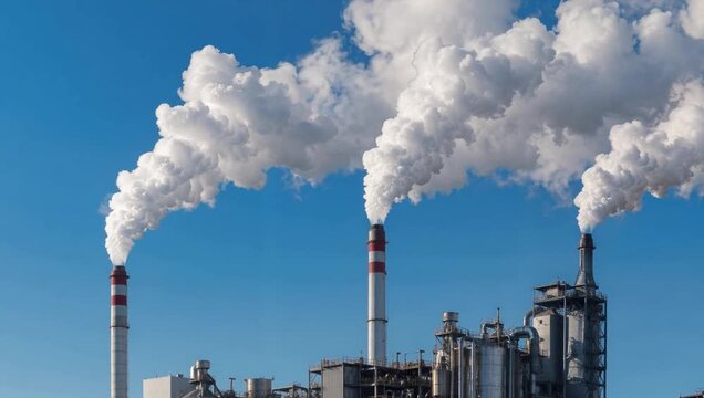 Industrial power plant smokestacks releasing thick white plumes of emissions into a clear blue sky over large factory infrastructure and chimneys