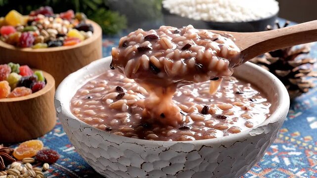 Healthy Multigrain Porridge with Dried Fruits and Nuts, Served in a Rustic Bowl, Close-up Shot