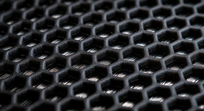 Close-up of a black, textured hexagonal honeycomb grid pattern