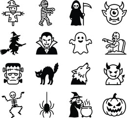 Fototapeta premium Halloween character icons with flat silhouettes on a white background