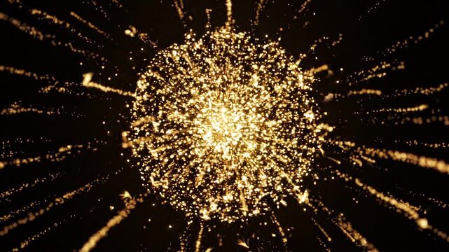 Golden fireworks burst into sparkling particles across a black background, creating a festive celebration sequence with radiant light and dynamic energy