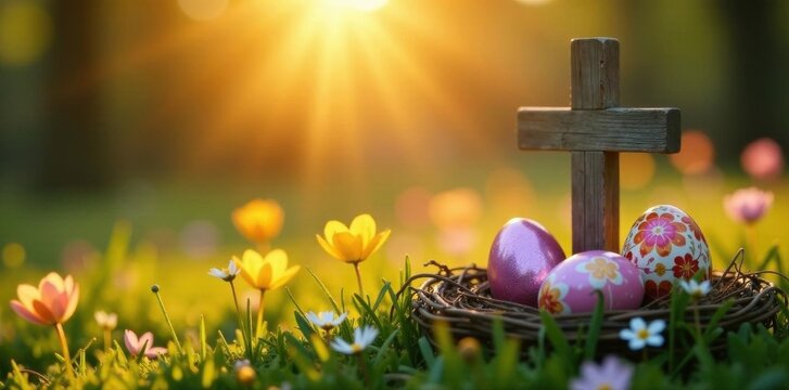 Radiant dawn casts golden light on ornate Easter eggs nestled near a weathered cross in a vibrant spring meadow , wood, flowers
