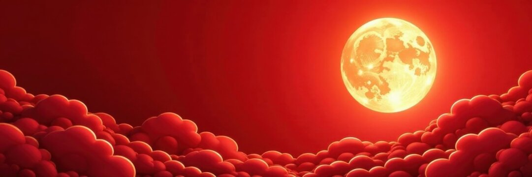 Red backdrop, golden full moon beams on Korean-style clouds Festive Lunar New Year imagery , festive, bright, celebration