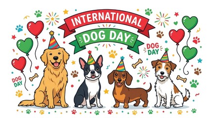 Naklejka premium International Dog Day vector banner with cute diverse dog breeds group