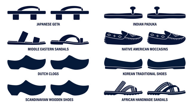 Cultural Traditional Footwear Print Silhouettes Set, Cultural shoes from around the world, Ethnic sandals and clogs collection, Global fashion silhouettes, traditional, footwear, icons, cultural, shoe